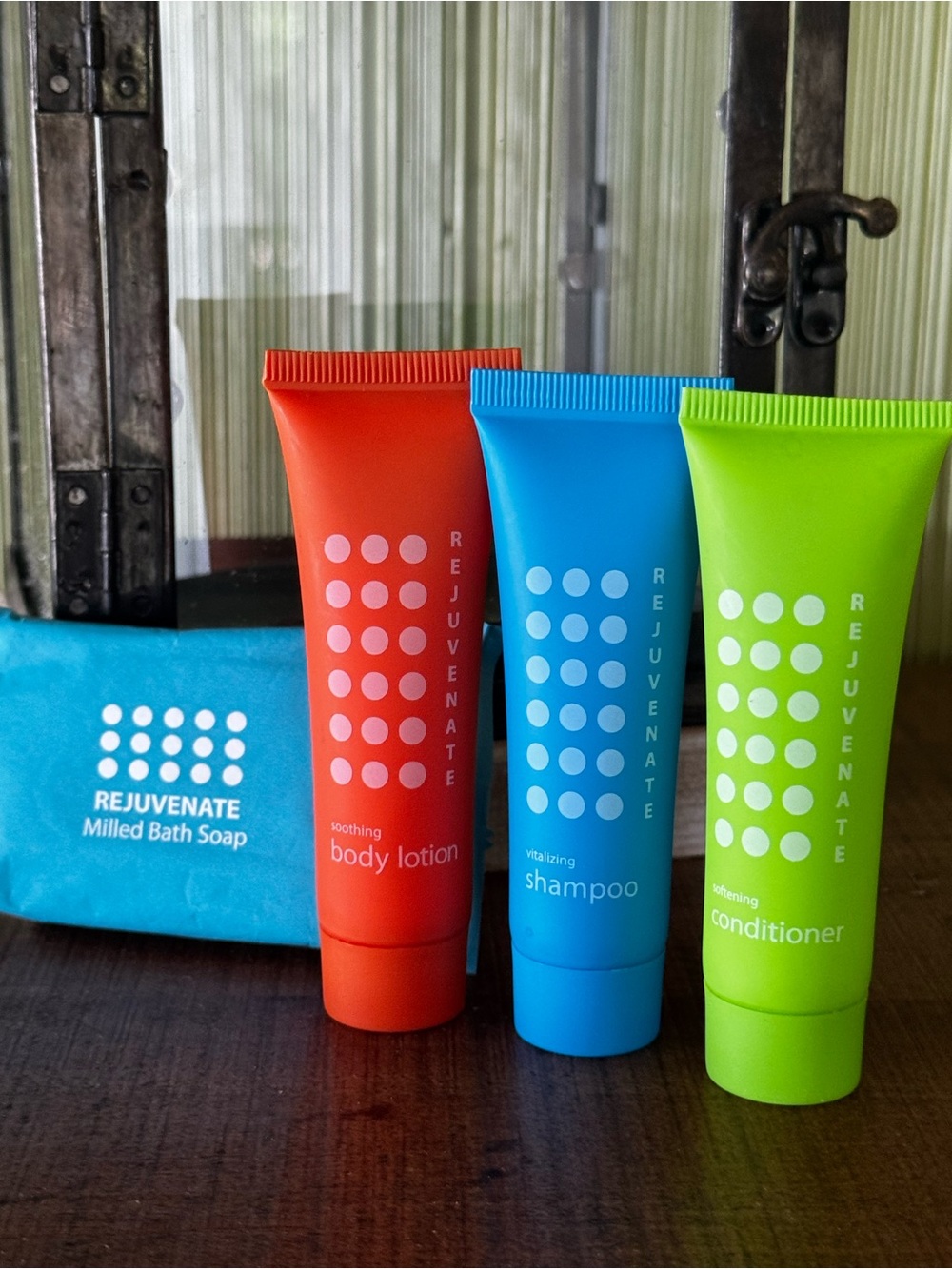 Rejuvenate Travel Set Milled Bath Soap Body Lotion Shampoo Conditioner